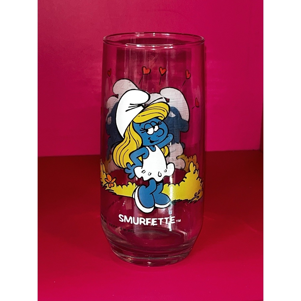 Vintage Smurfette Smurfs Glass Cup Tumbler 1982 Hardees Peyo Wallace Berrie